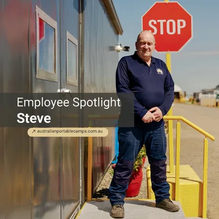 APC employee Steve standing outside a transportable accommodation building